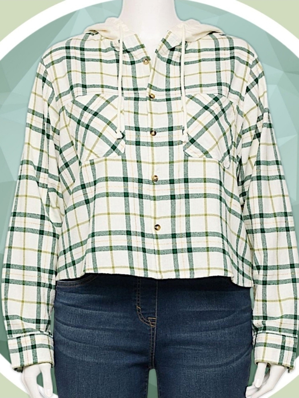 NWT 2X Plaid Button Up Hoodie w 2 Pockets & High Low Hemline